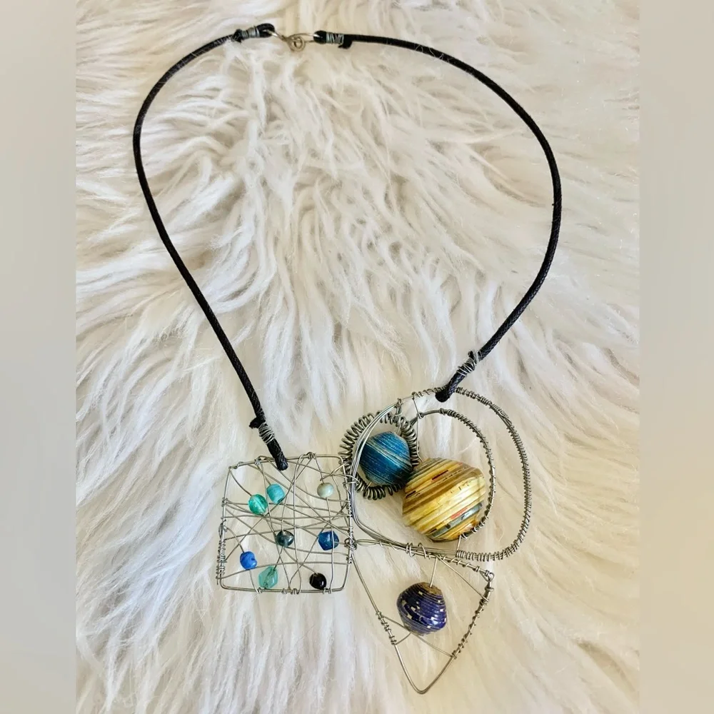 Handcrafted Art Brass Wire Blue Bead Unique Boho Artisan Statement Necklace
